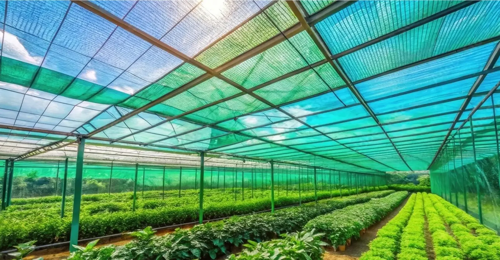 Green shade net structure covering rows of crops