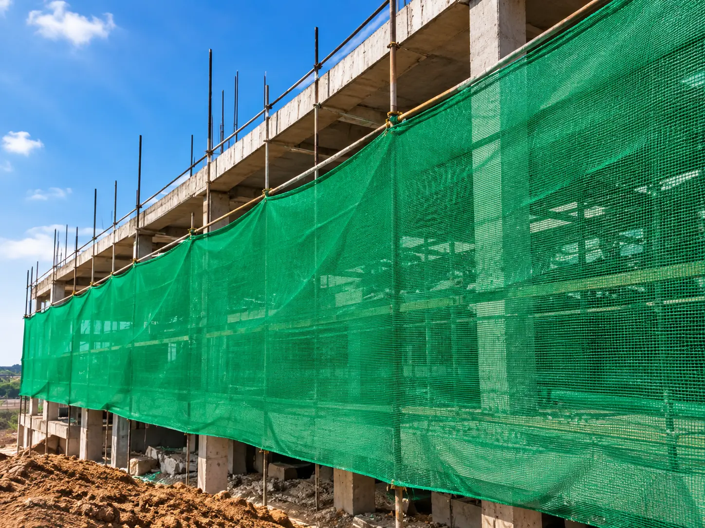 Green construction safety net wrapped around a building under construction
