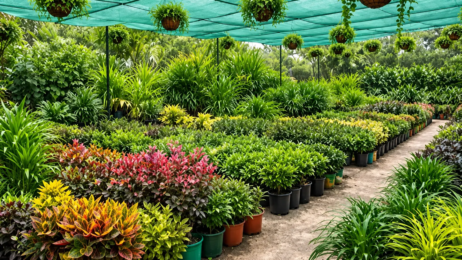 Ornamental plant nursery shaded by green HDPE net