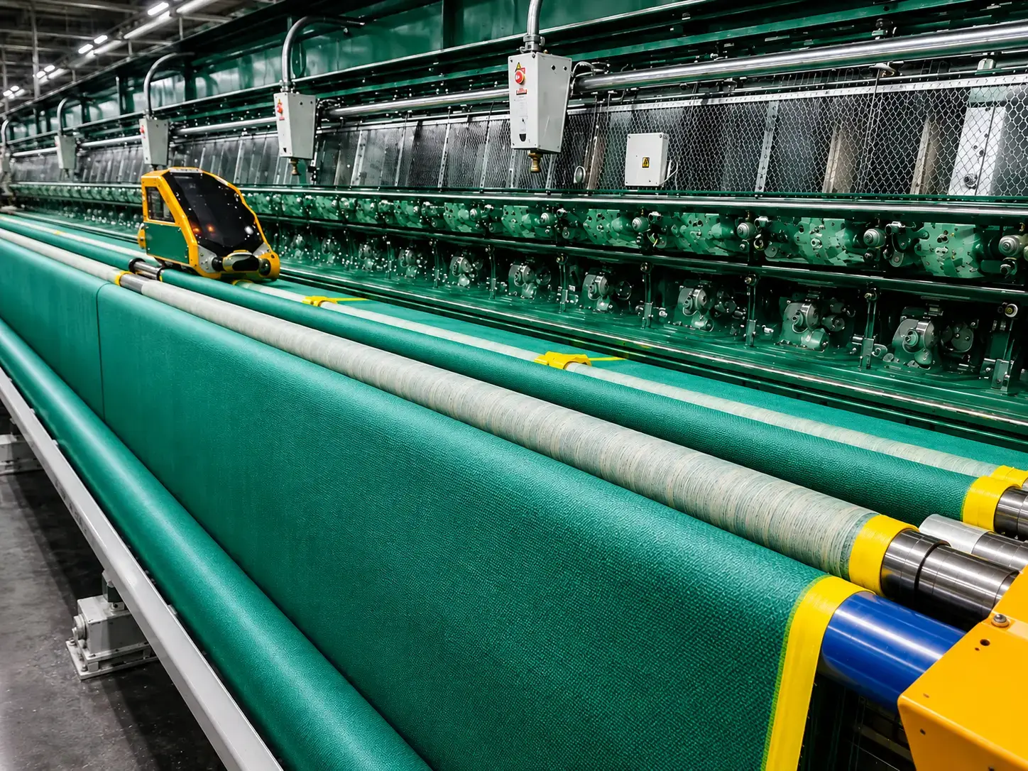 Green net rolls on the knitting production line at the Majestic Nets plant