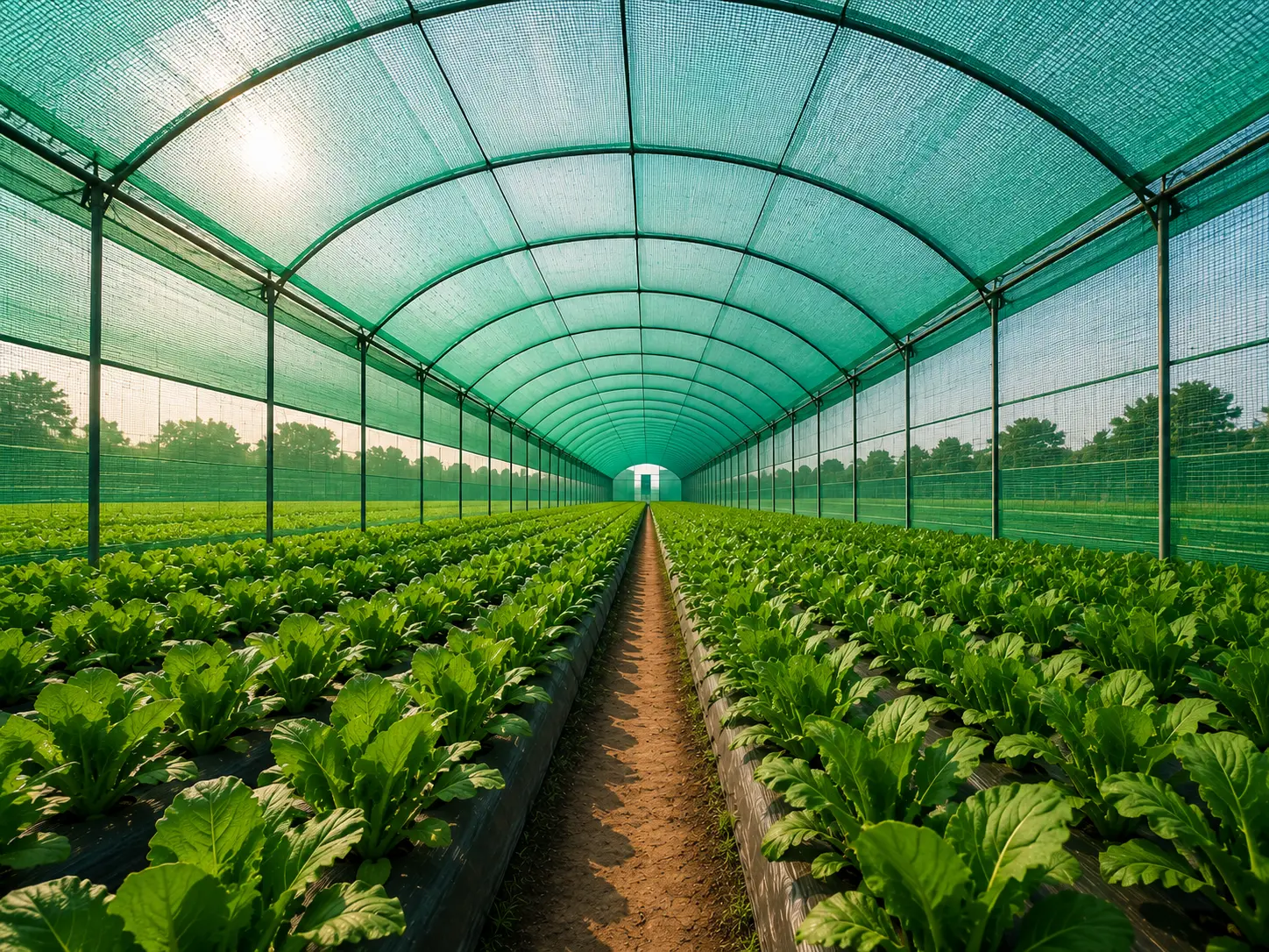 Shade net tunnel over leafy vegetable rows in a poly house